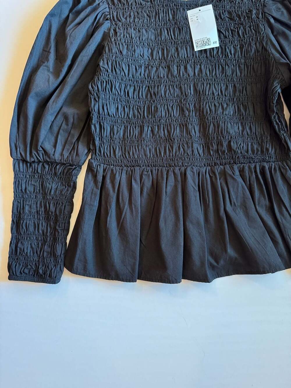 H&M Divided Black Smocked Long Puff Sleeve Peplum Blouse - Picture 2 of 3